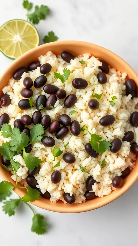 A bowl of cilantro lime rice topped with black beans and fresh cilantro, with a lime wedge on the side.