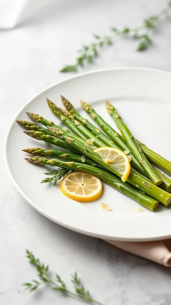 Sautéed garlic asparagus with lemon slices on a white plate