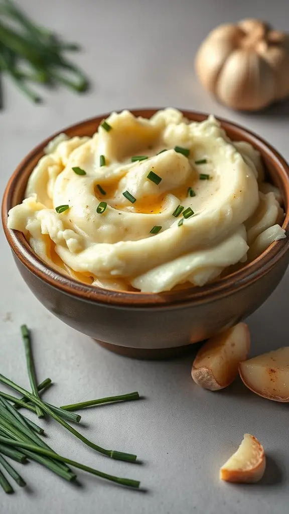 A bowl of creamy garlic mashed potatoes garnished with chives, surrounded by garlic cloves and chives.