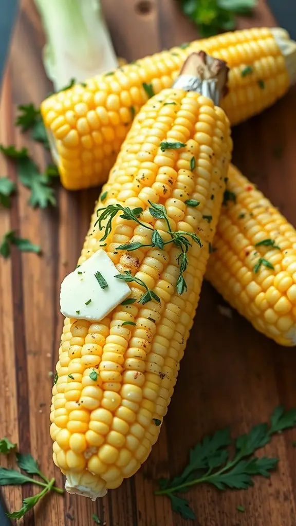 Buttery corn on the cob topped with herbs and butter on a wooden board.