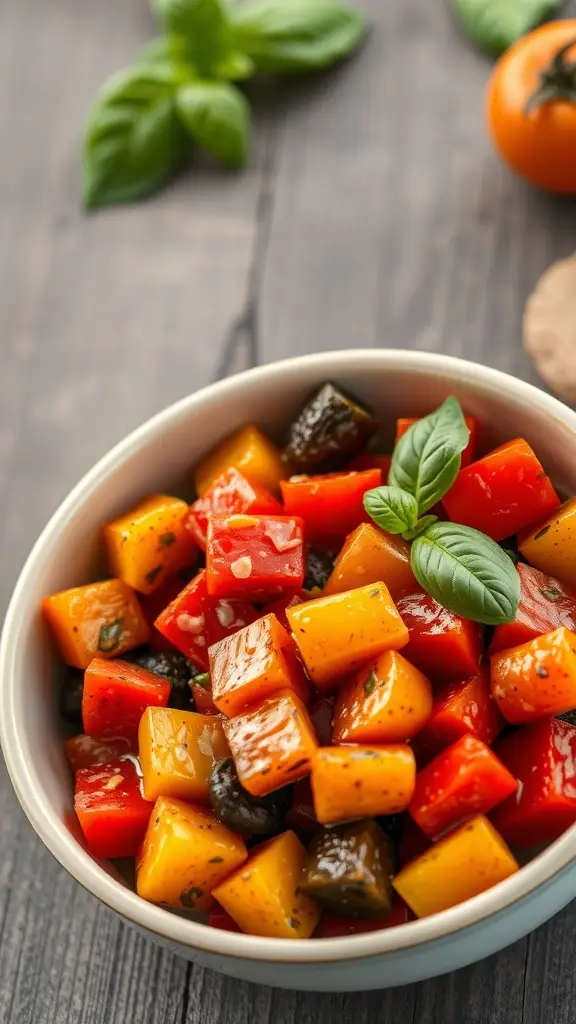 A bowl of colorful ratatouille with fresh basil on top.