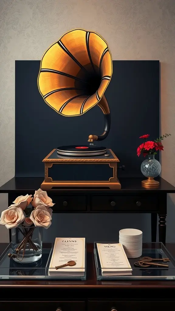 Silhouetted gramophone print displayed in an elegant entry alcove with roses and decorative items.