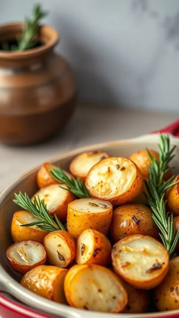 A bowl of roasted garlic and rosemary potatoes garnished with fresh rosemary.