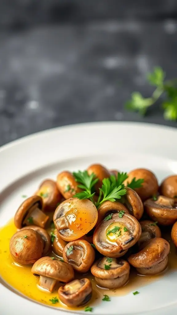 A plate of garlic butter sautéed mushrooms garnished with parsley.