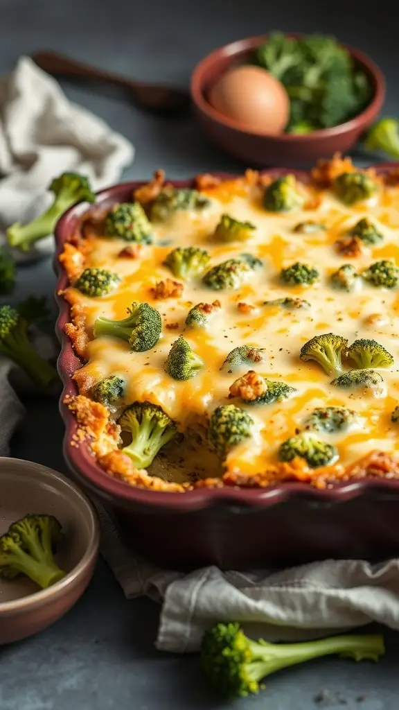 A delicious cheesy broccoli casserole topped with golden cheese and crunchy crackers.