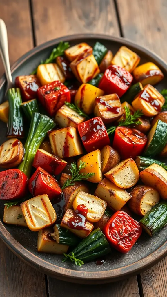A plate of balsamic glazed grilled vegetables including zucchini, bell peppers, and cherry tomatoes.