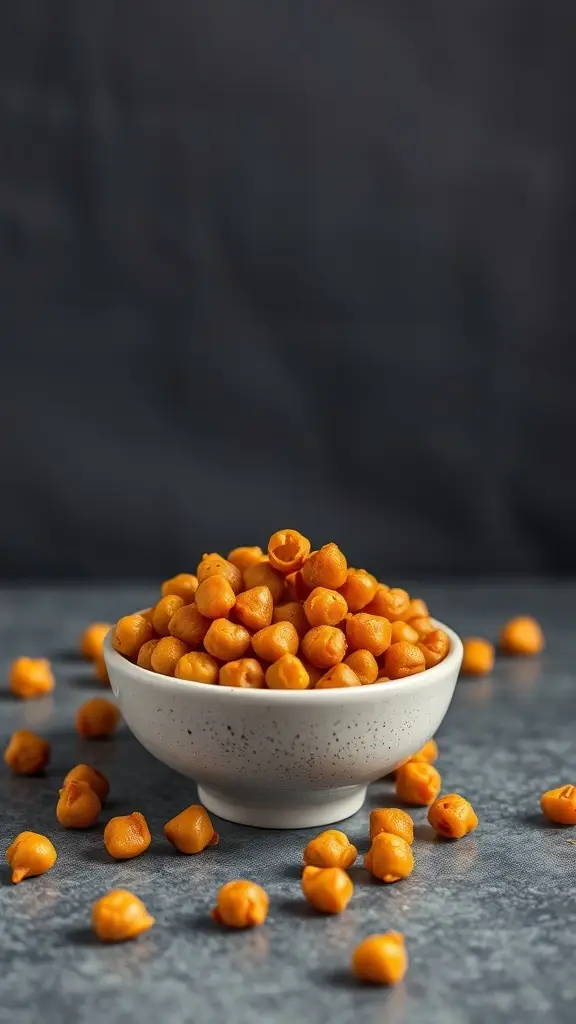 A bowl of spicy roasted chickpeas with paprika, showcasing their golden color and crunchy texture.