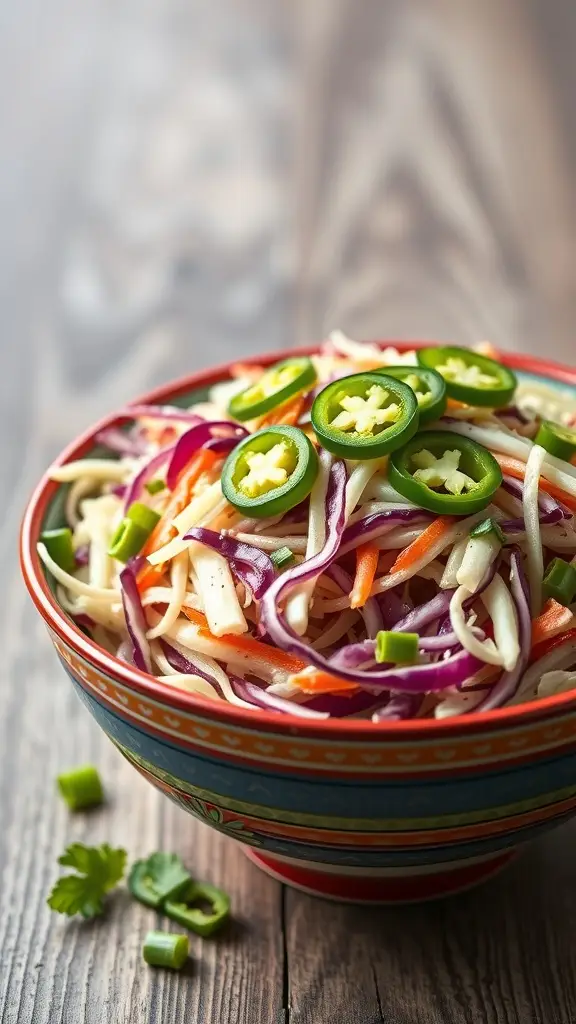 A colorful bowl of zesty cabbage slaw with jalapeños, garnished with green onions and cilantro.