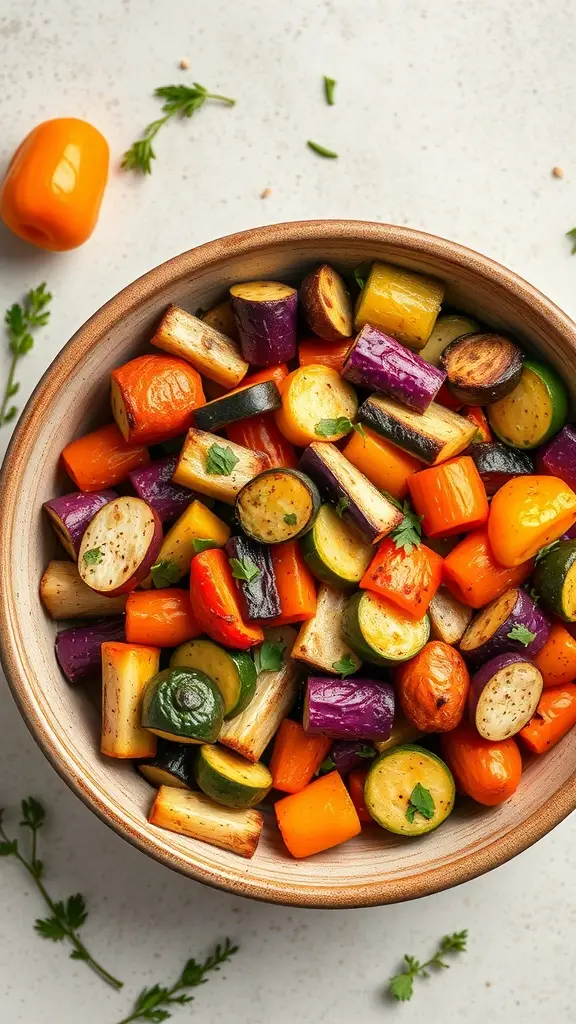 A colorful bowl of roasted vegetable medley with carrots, zucchini, bell peppers, and eggplant.