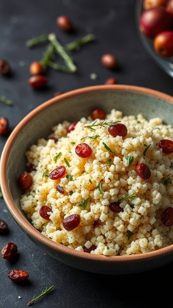 A bowl of herbed couscous with dried fruits, garnished with herbs.