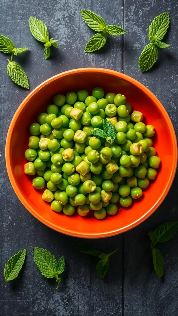 A bowl of sautéed green peas garnished with fresh mint leaves.