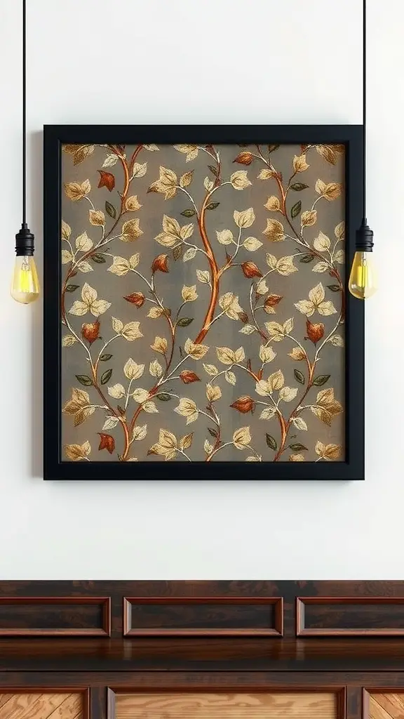 Framed Art Deco wallpaper panel featuring vines and leaves in warm colors