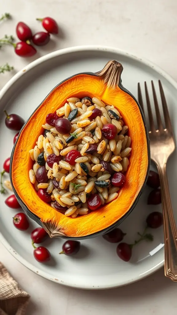 Stuffed acorn squash filled with wild rice and cranberries on a plate