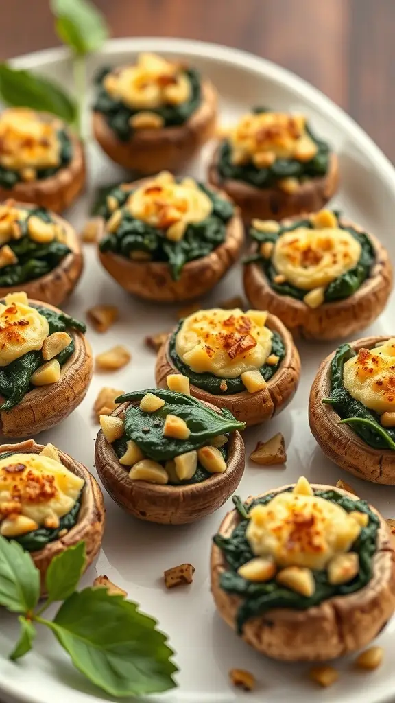 A plate of roasted garlic and spinach stuffed mushrooms, garnished with pine nuts and fresh basil.