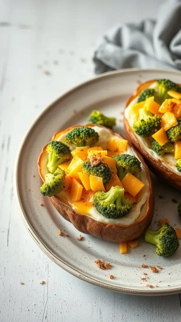 Twice-baked cheddar broccoli potatoes on a plate