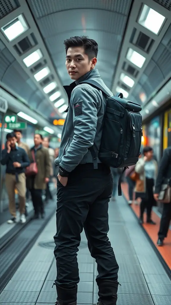 A young man in a stylish outfit with a backpack, standing in a busy transit area, representing a modern Coruscant commuter.