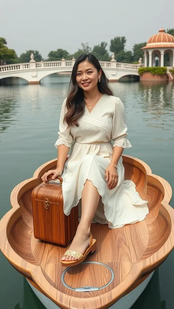 A traveler in a flowing dress with wooden luggage on a boat in a serene setting.