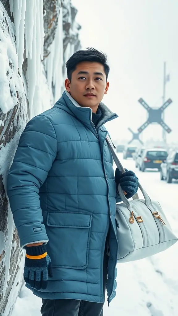 A man in a blue puffer jacket stands in a snowy landscape, holding a stylish bag.