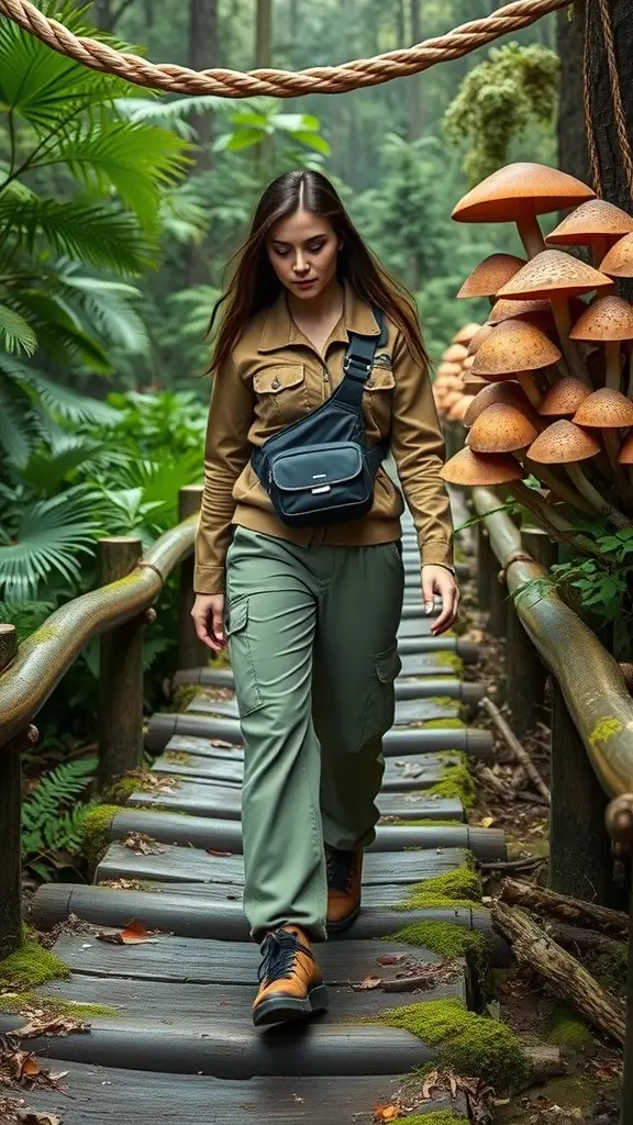 A woman walking on a wooden path in a forest, wearing a khaki jacket, cargo pants, and sturdy boots, with a crossbody bag.