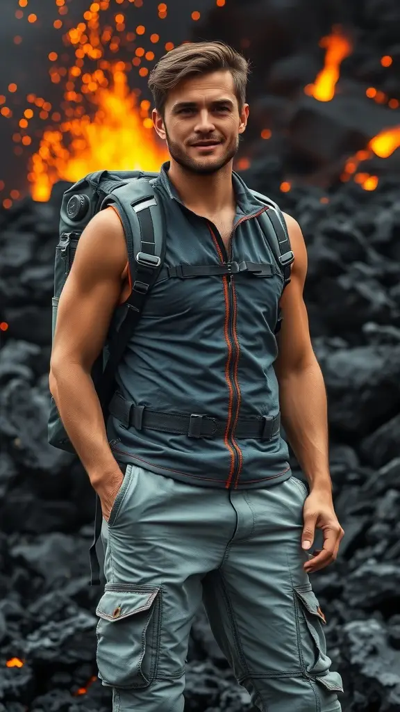 A traveler in a functional outfit standing in a volcanic landscape on Mustafar.