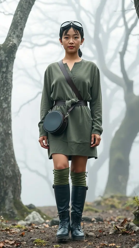 A person in a green dress and black boots stands in a misty swamp, wearing goggles and holding a small round bag.