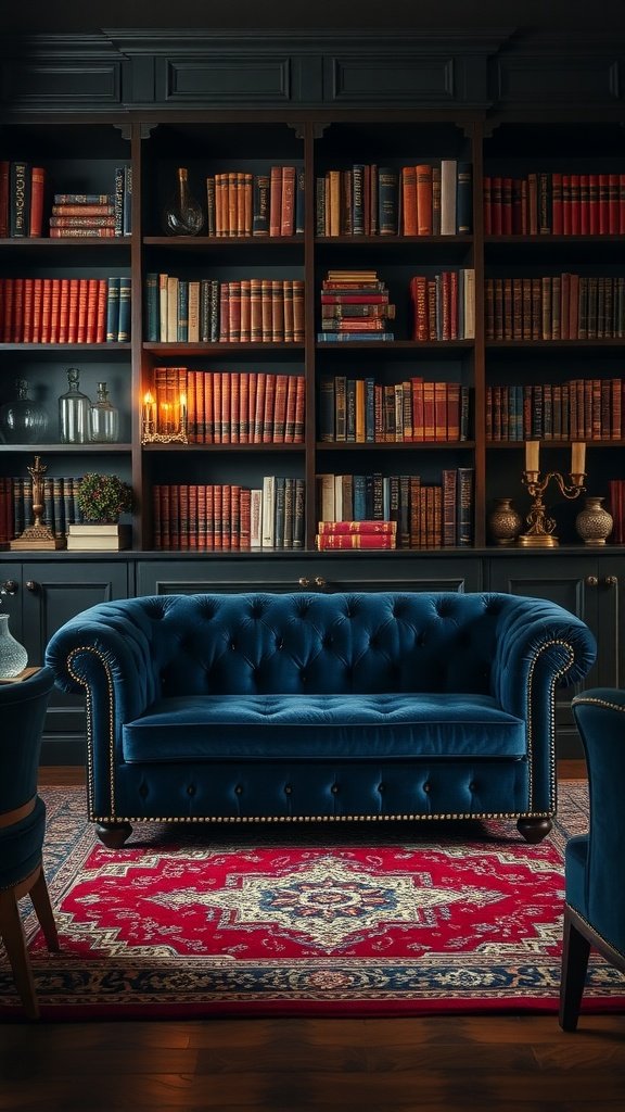 A luxurious blue velvet couch in a library filled with vintage books.