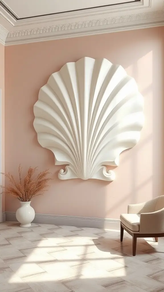 A large white plaster shell wall relief on a pastel pink wall, with a cozy chair and a vase of dried plants in the corner.