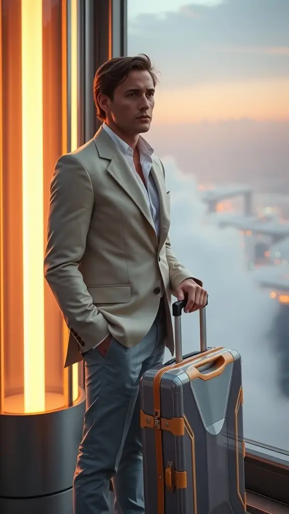 A stylish traveler in a light blazer and trousers stands with a modern suitcase, overlooking a cloud city skyline at sunset.