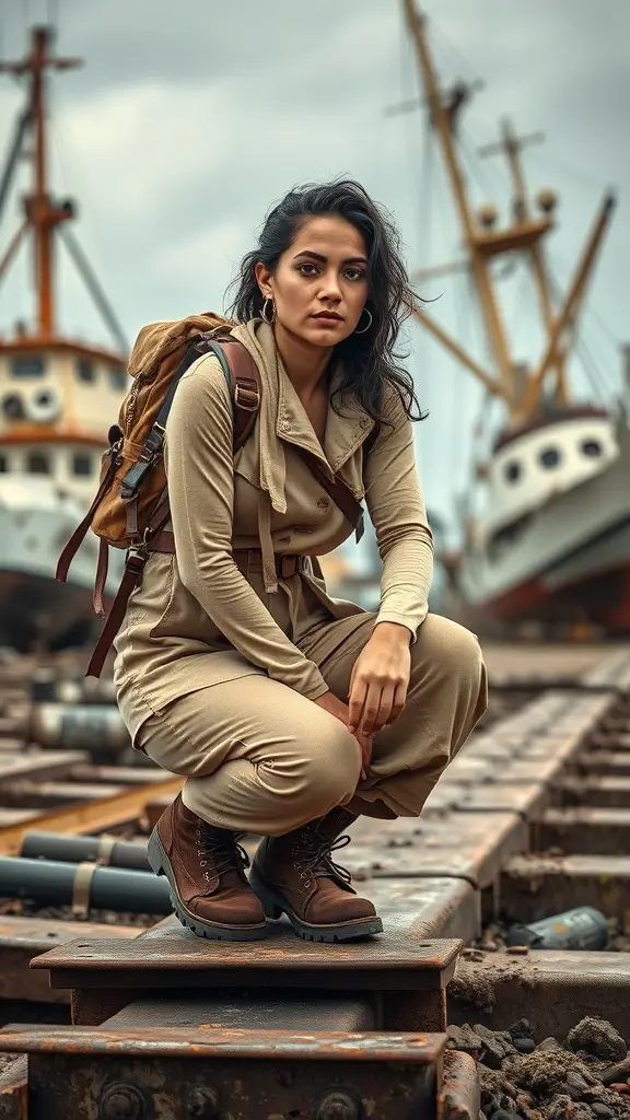 A traveler in a stylish outfit, ready to explore the rugged landscape of Jakku.