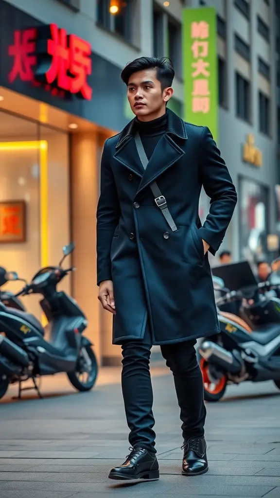 A stylish individual in a black coat and fitted pants walking through a city street, surrounded by scooters and vibrant storefronts.