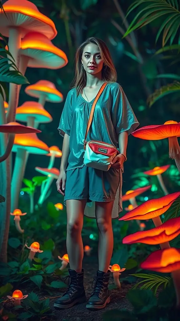 A stylish woman stands among oversized glowing mushrooms, wearing a metallic top, shorts, and sturdy boots, with a crossbody bag.