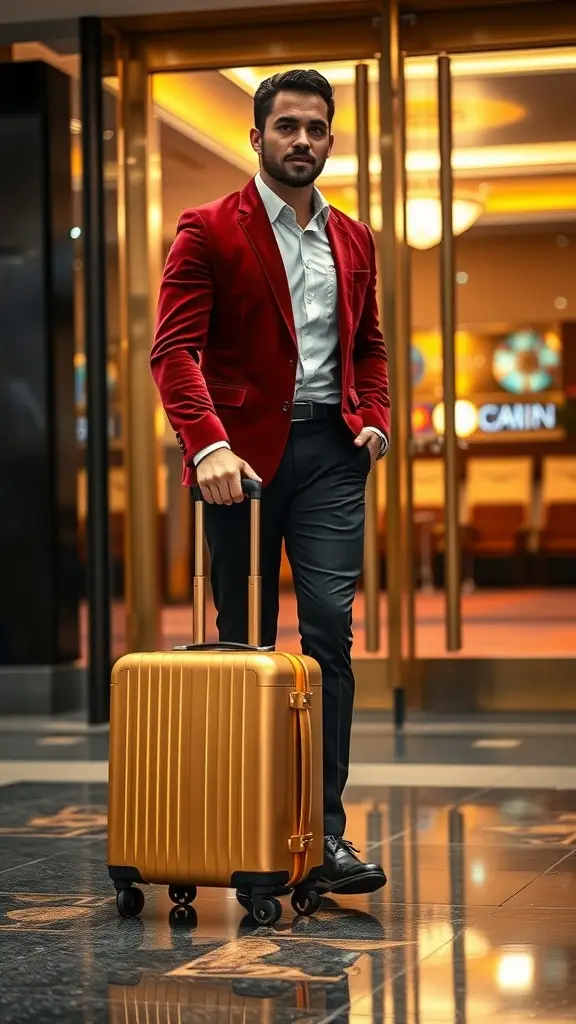 A stylish man in a red blazer stands with a golden suitcase in a luxurious casino setting.