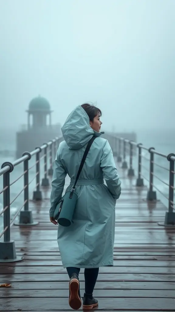 A traveler in a stylish coat walking on a pier, carrying a rolled mat, with a misty ocean backdrop.