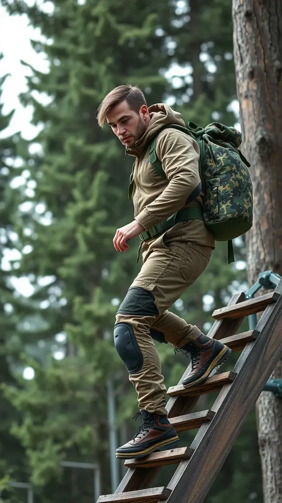 A traveler descending a wooden ladder in a forest, wearing practical outdoor clothing and a backpack.