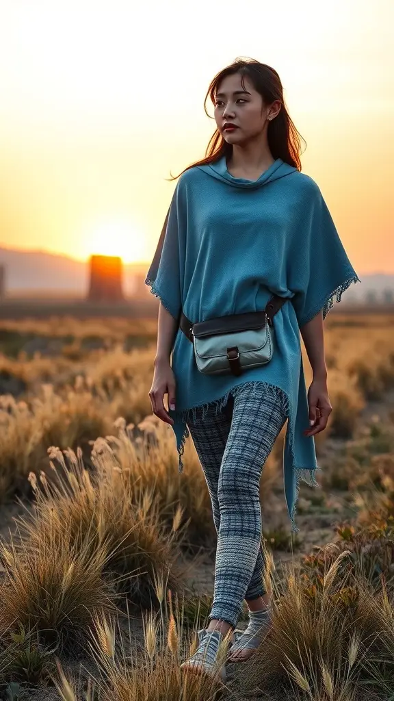 A woman in a blue poncho and patterned leggings standing in a field at sunset, ready for travel.
