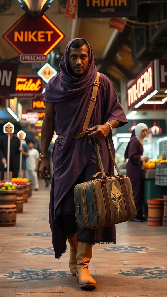 A traveler in a purple robe walking through a market, carrying a stylish bag.