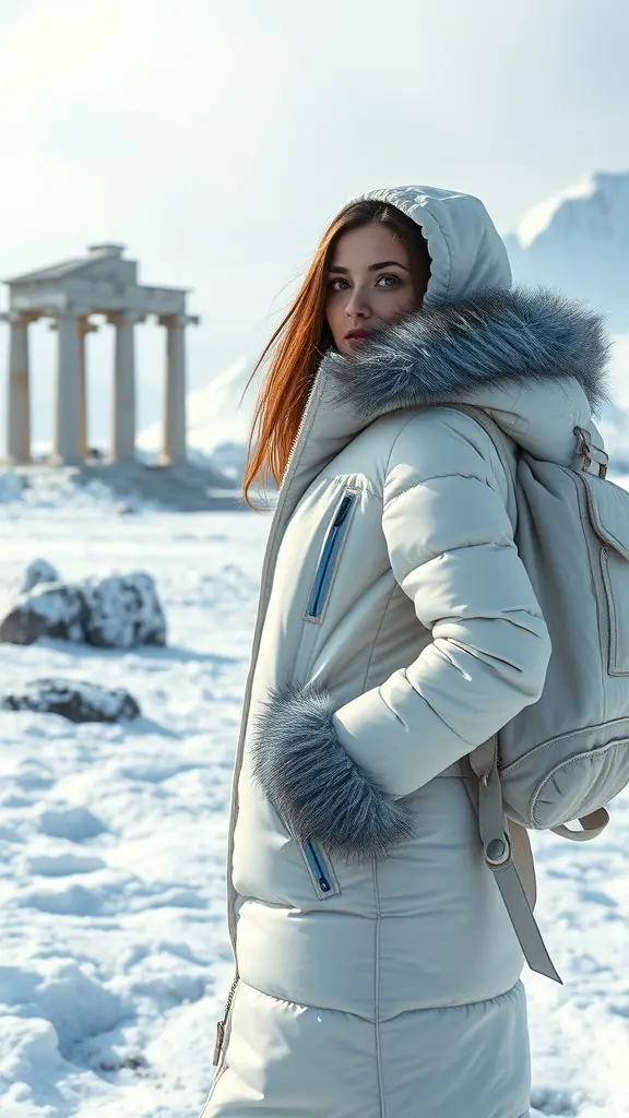 A woman in a stylish winter coat with a backpack, standing in a snowy landscape.