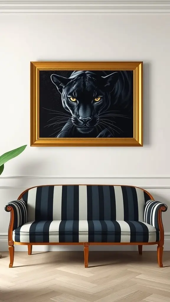 A striking canvas of a black panther with yellow eyes, framed in gold, hanging on a wall above a striped couch.