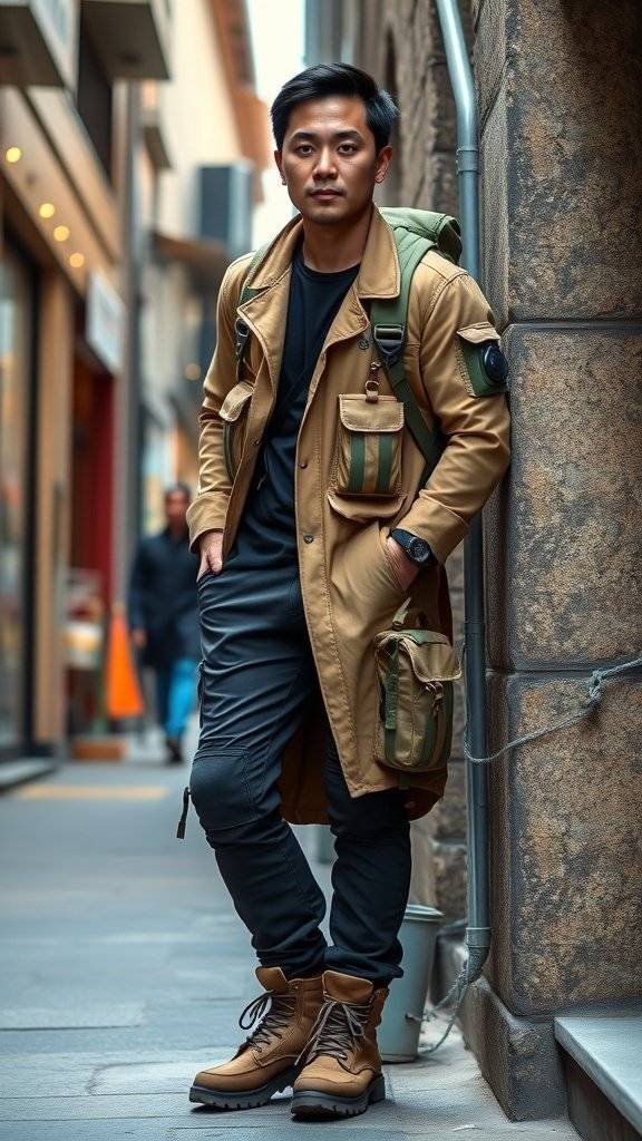 A stylish individual in a long coat and tactical gear, standing in a narrow street in Nevarro.