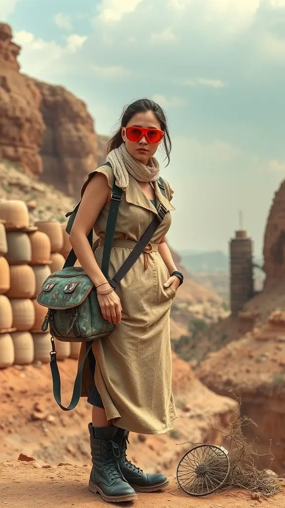 A traveler in a dusty landscape on Geonosis, wearing a stylish dress and sturdy boots, with a bag and sunglasses.