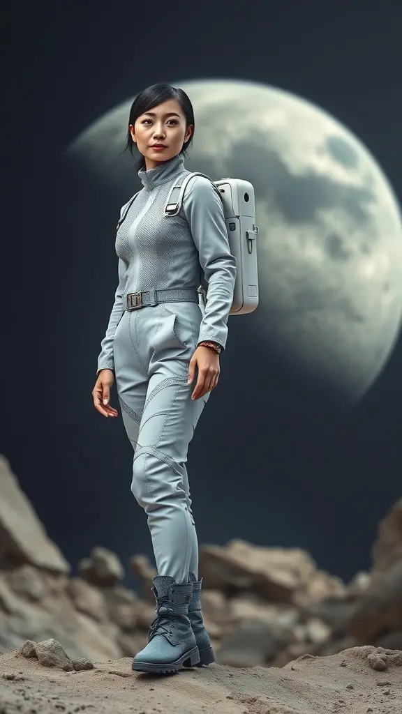 A model in a sleek gray outfit with a backpack, standing on a rocky terrain with a large moon in the background.