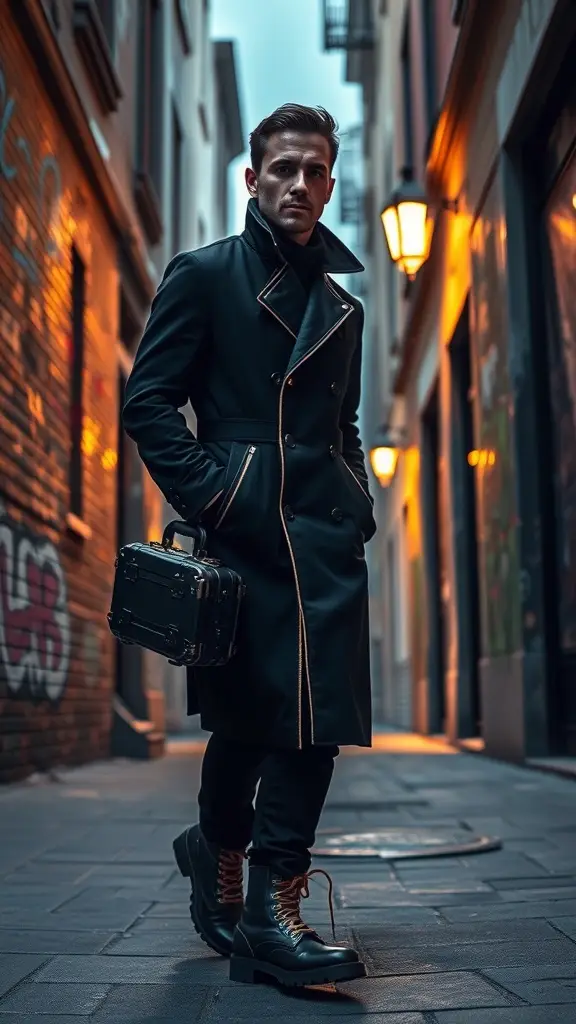 A stylish man in a dark coat and boots, holding a compact bag, standing in a city alleyway lit by warm lights.