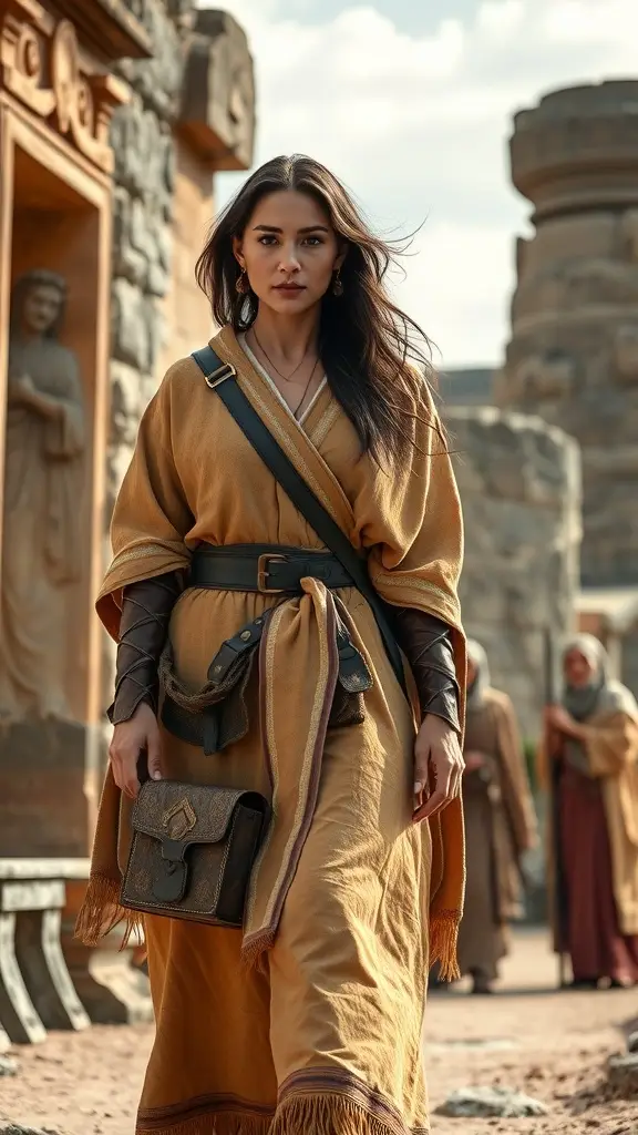 A woman in a flowing robe inspired by the Jedha Pilgrim Look, set against an ancient backdrop.