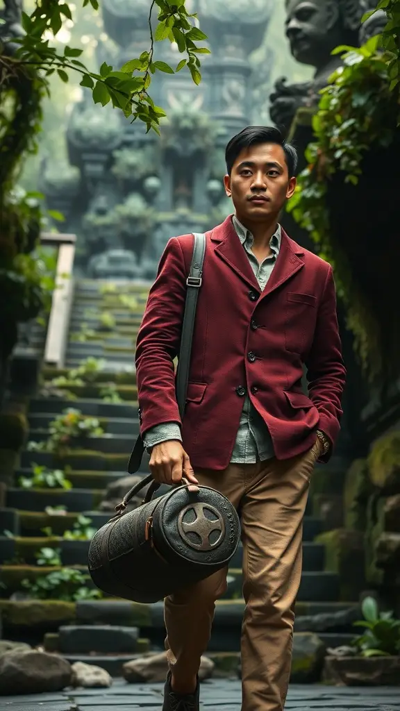 A stylish traveler in a burgundy blazer and beige pants, holding a unique bag, standing on moss-covered stone steps in a jungle-like setting.