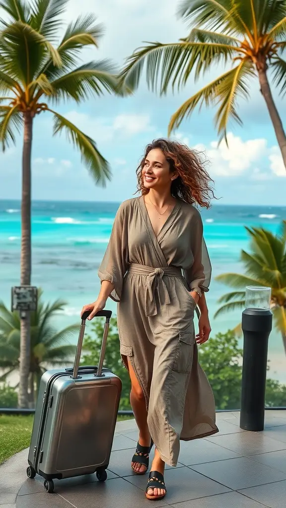 A woman in a flowing dress walking with a suitcase by the beach, surrounded by palm trees.