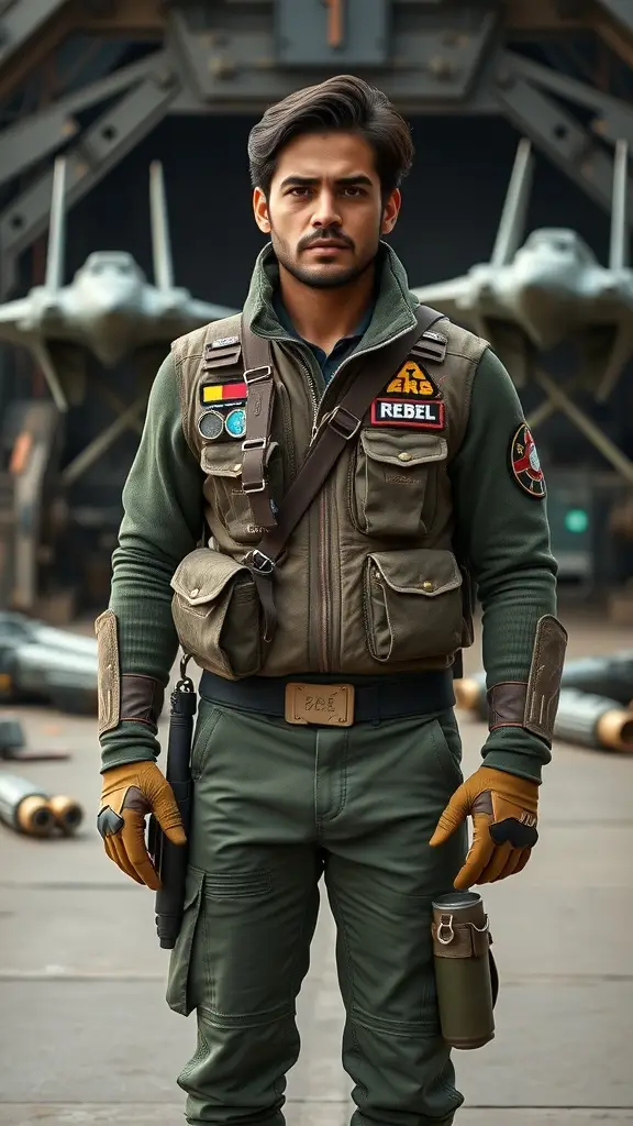A stylish dockworker outfit inspired by Star Wars, featuring a rugged jacket, fitted pants, and gloves, set against a backdrop of spaceport machinery.
