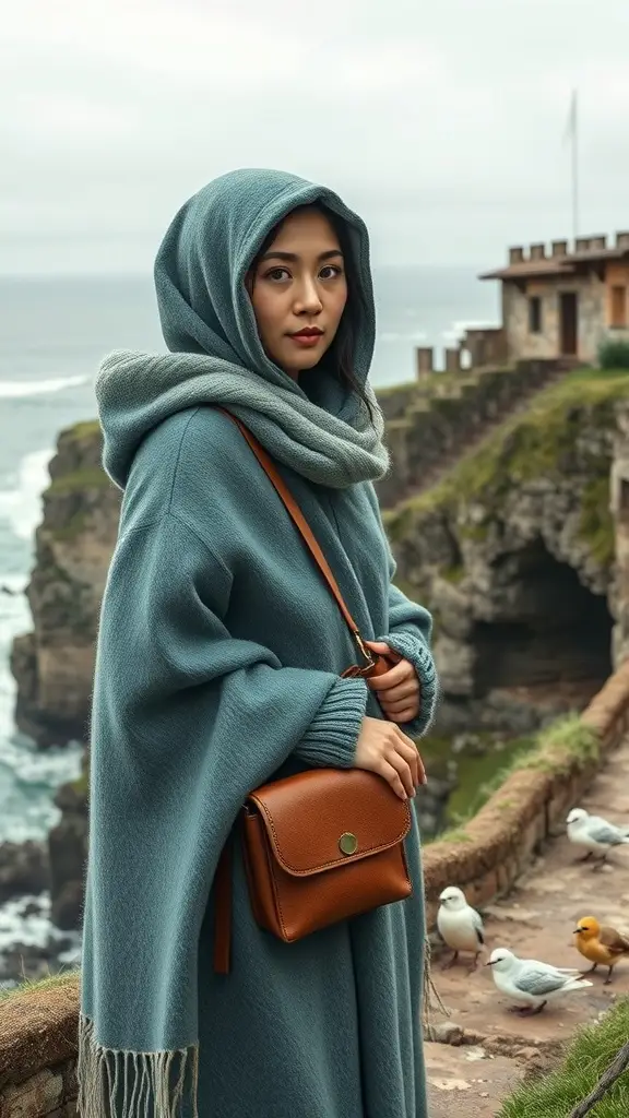 A traveler in a cozy cloak stands on a rocky ledge overlooking the ocean, embodying the style of Ahch-To.