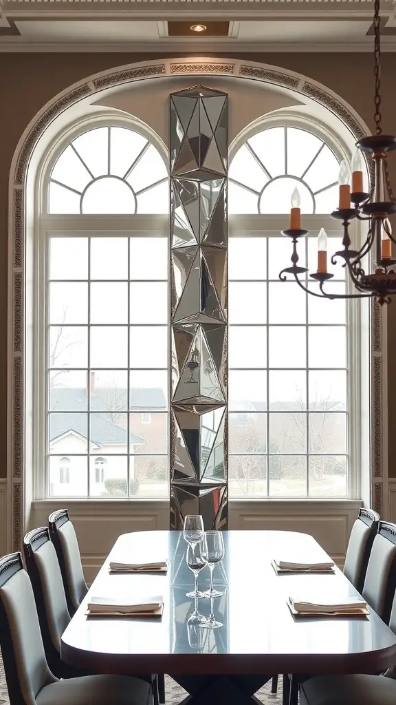 Mirrored obelisk wall panel behind a modern dining table with elegant chairs and large windows.