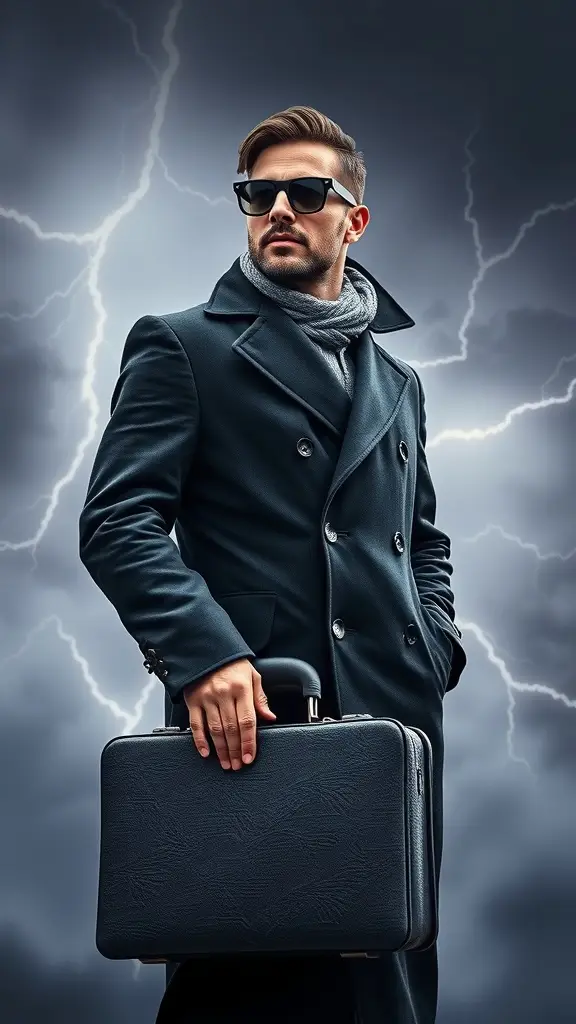 A stylish man in a dark coat and sunglasses holding a black briefcase, set against a stormy background.