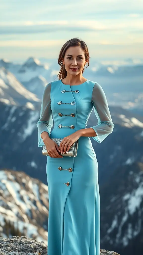 A woman in a blue dress with sheer sleeves stands against a mountain backdrop, embodying Alderaan's diplomatic style.